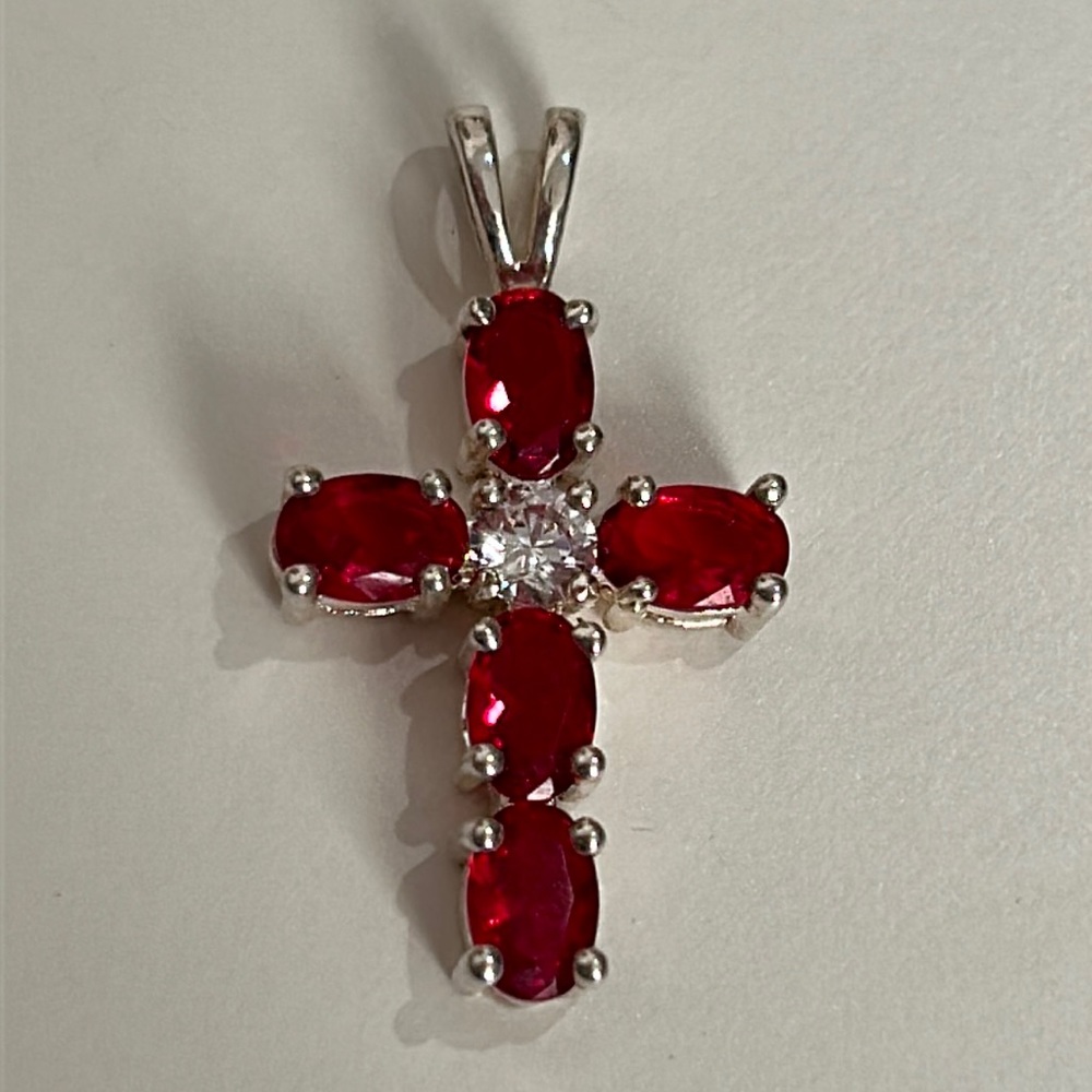 Sterling Silver Red Stone Cross - Picture 4 of 9